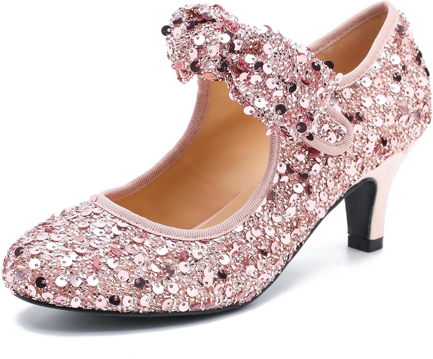 Women's Low Kitten Heels with Bow Mary Jane Sequin Pumps Comfortable Vintage Dance Wedding Dress Shoes