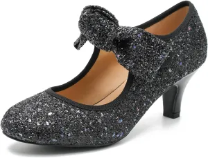 Women's Low Kitten Heels with Bow Mary Jane Sequin Pumps Comfortable Vintage Dance Wedding Dress Shoes