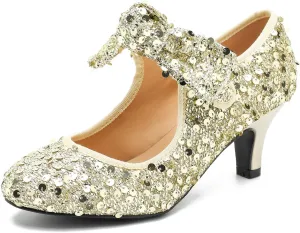 Women's Low Kitten Heels with Bow Mary Jane Sequin Pumps Comfortable Vintage Dance Wedding Dress Shoes