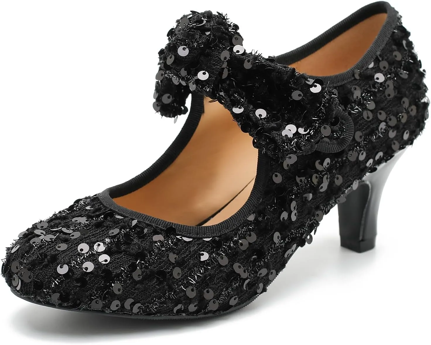 Women's Low Kitten Heels with Bow Mary Jane Sequin Pumps Comfortable Vintage Dance Wedding Dress Shoes