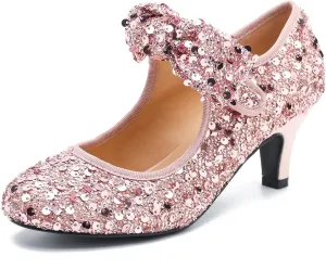 Women's Low Kitten Heels with Bow Mary Jane Sequin Pumps Comfortable Vintage Dance Wedding Dress Shoes