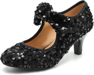 Women's Low Kitten Heels with Bow Mary Jane Sequin Pumps Comfortable Vintage Dance Wedding Dress Shoes