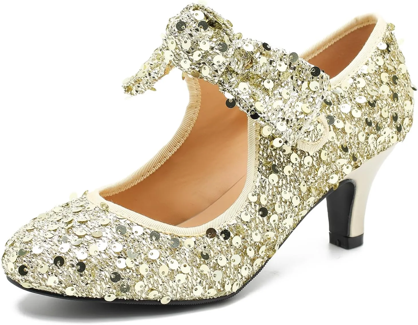 Women's Low Kitten Heels with Bow Mary Jane Sequin Pumps Comfortable Vintage Dance Wedding Dress Shoes