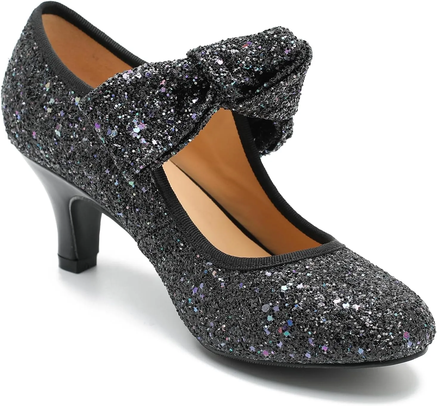 Women's Low Kitten Heels with Bow Mary Jane Sequin Pumps Comfortable Vintage Dance Wedding Dress Shoes
