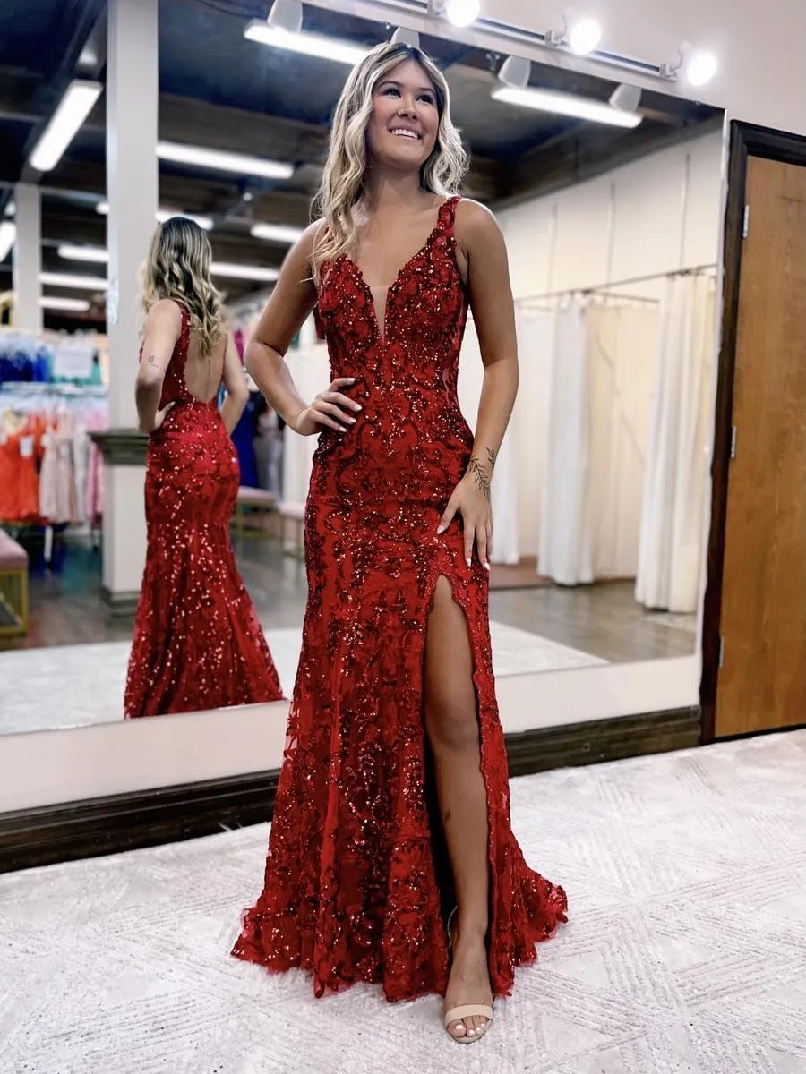 Women's Mermaid Sparkly Sequin Prom Dresses Backless V Neck Long Formal Evening Gowns with Slit