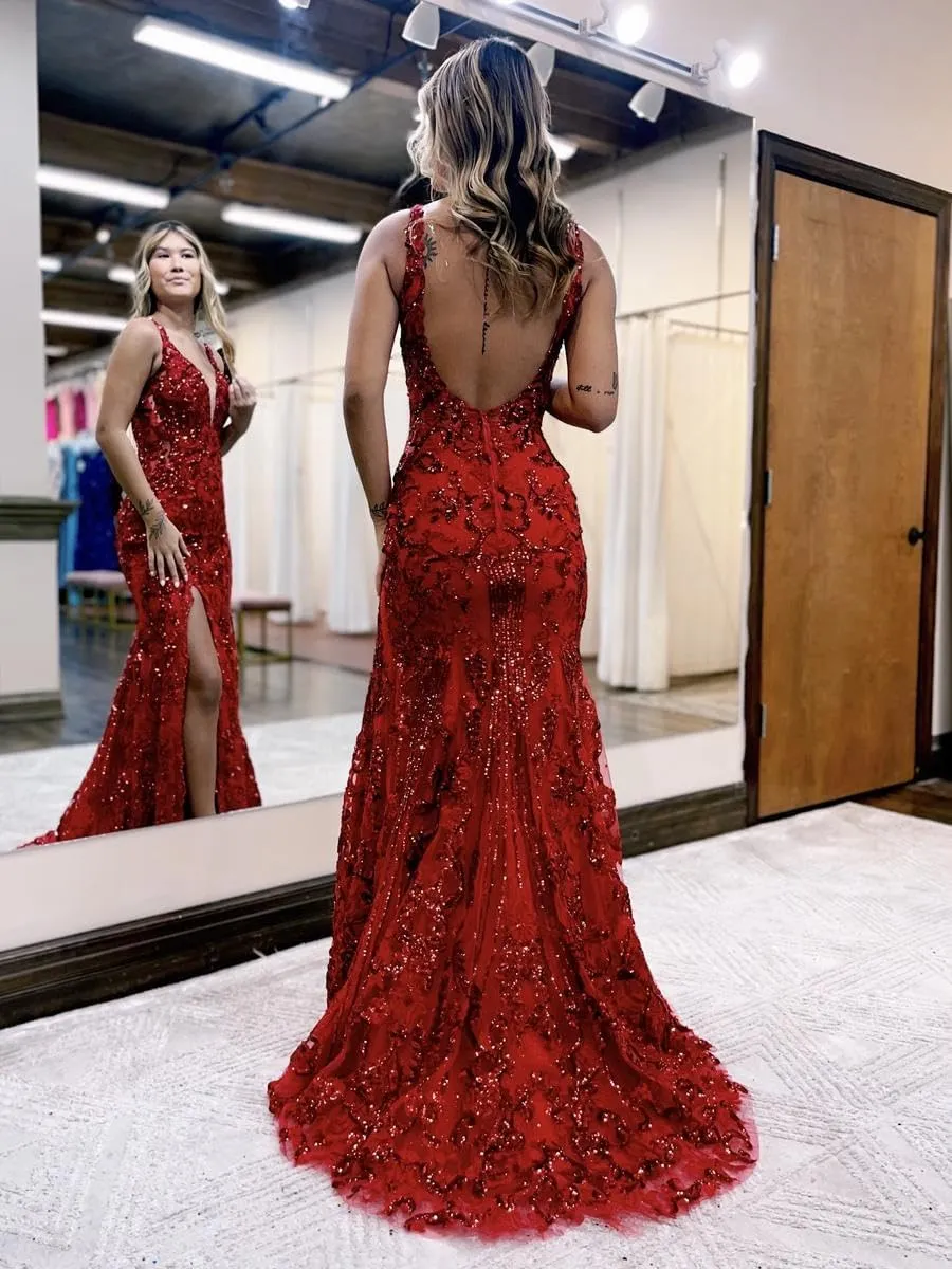 Women's Mermaid Sparkly Sequin Prom Dresses Backless V Neck Long Formal Evening Gowns with Slit