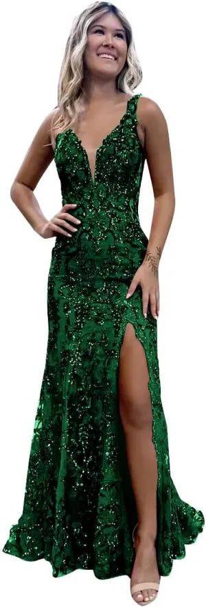 Women's Mermaid Sparkly Sequin Prom Dresses Backless V Neck Long Formal Evening Gowns with Slit