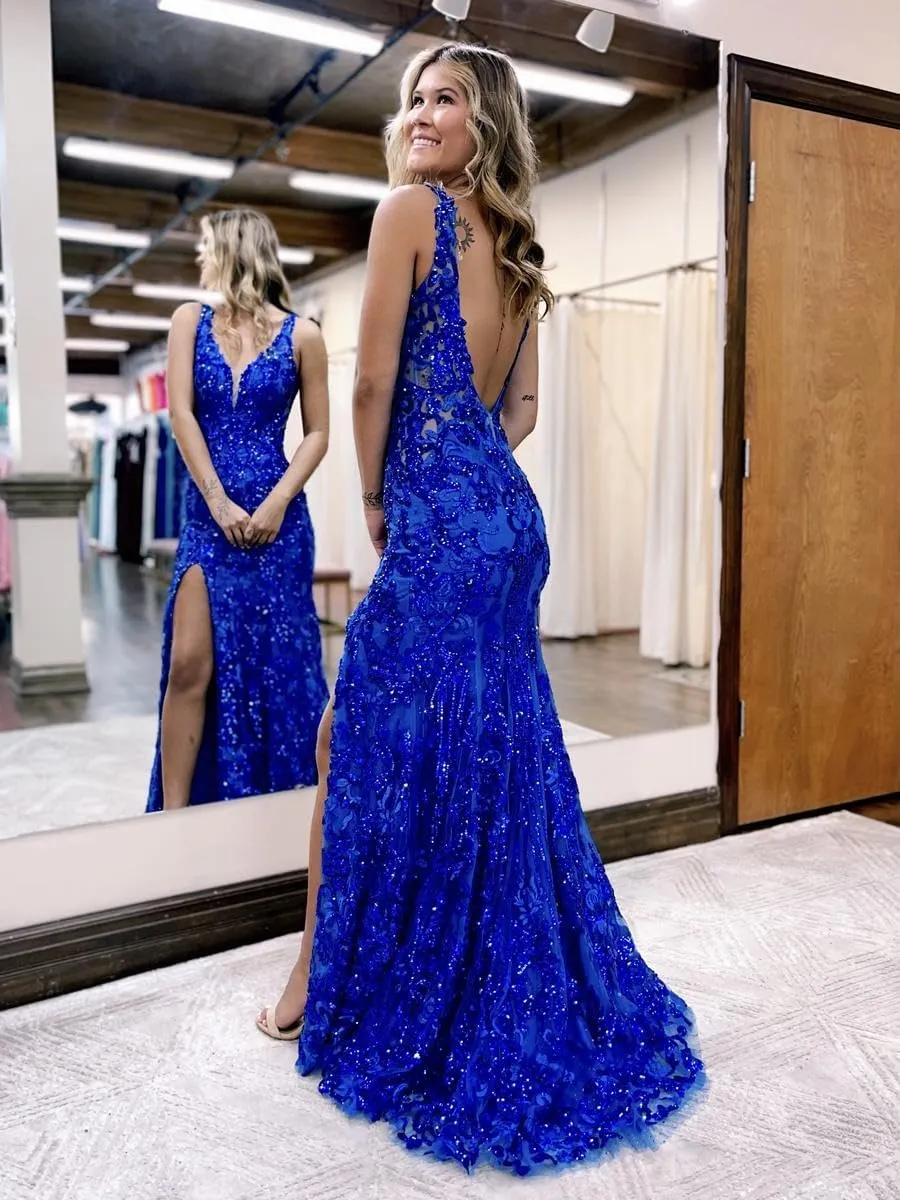 Women's Mermaid Sparkly Sequin Prom Dresses Backless V Neck Long Formal Evening Gowns with Slit