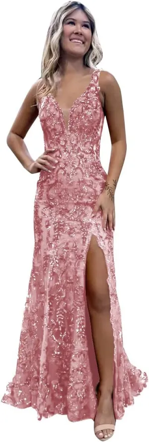 Women's Mermaid Sparkly Sequin Prom Dresses Backless V Neck Long Formal Evening Gowns with Slit