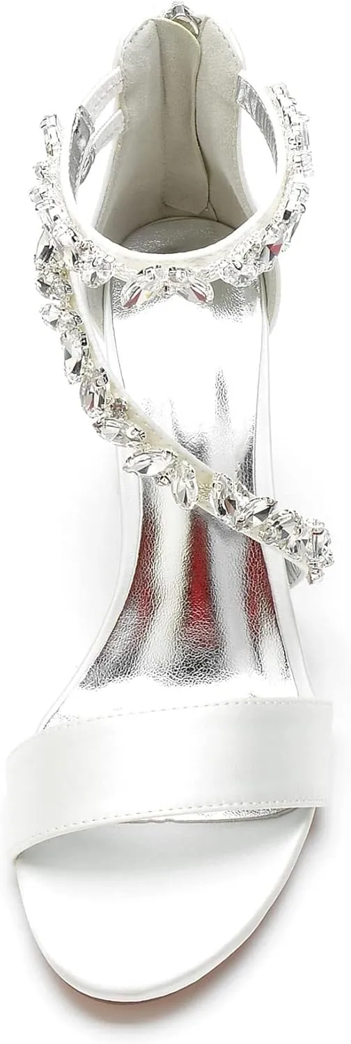 Women's Open Round Toe Block Heel Satin Crystal Rhinestone Ankle Strap Wedding Pump Shoes Chunky Heel Bridal Prom Heels Sandals