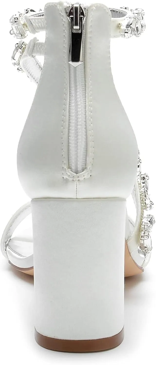 Women's Open Round Toe Block Heel Satin Crystal Rhinestone Ankle Strap Wedding Pump Shoes Chunky Heel Bridal Prom Heels Sandals