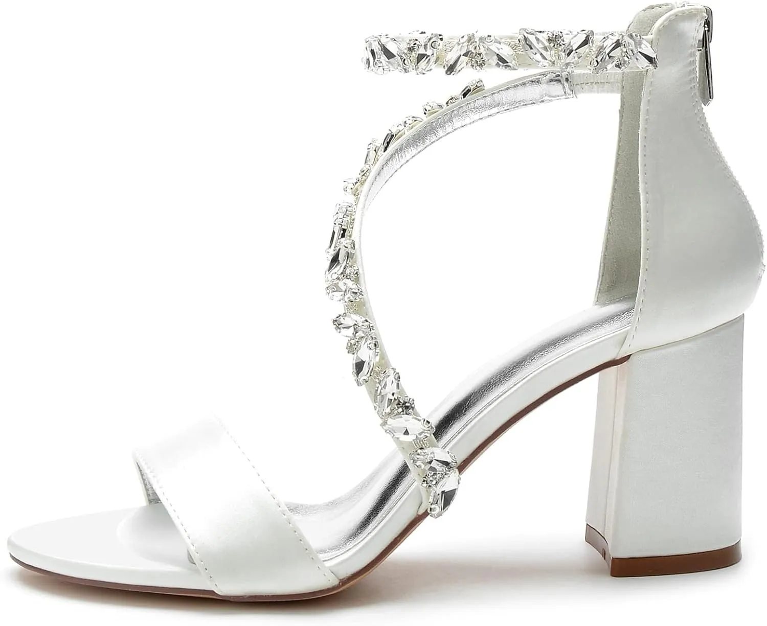 Women's Open Round Toe Block Heel Satin Crystal Rhinestone Ankle Strap Wedding Pump Shoes Chunky Heel Bridal Prom Heels Sandals