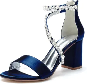 Women's Open Round Toe Block Heel Satin Crystal Rhinestone Ankle Strap Wedding Pump Shoes Chunky Heel Bridal Prom Heels Sandals