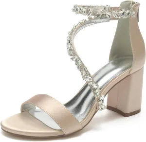 Women's Open Round Toe Block Heel Satin Crystal Rhinestone Ankle Strap Wedding Pump Shoes Chunky Heel Bridal Prom Heels Sandals