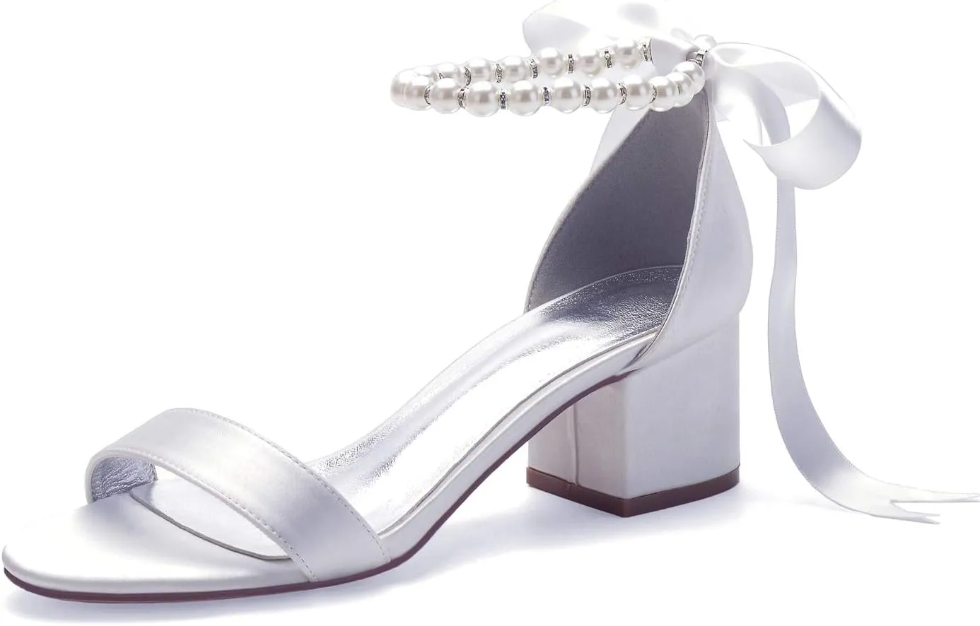 Women's Open Toe Block Low Heel Pearl Satin Chunky Pumps Ankle Strap Wedding Dress Shoes Low Heel Prom Party Sandals