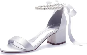Women's Open Toe Block Low Heel Pearl Satin Chunky Pumps Ankle Strap Wedding Dress Shoes Low Heel Prom Party Sandals