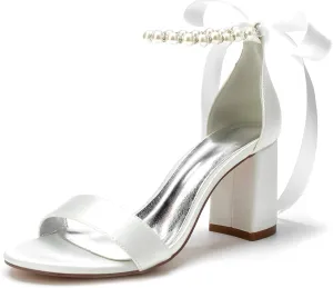 Women's Open Toe Block Low Heel Pearl Satin Chunky Pumps Ankle Strap Wedding Dress Shoes Low Heel Prom Party Sandals