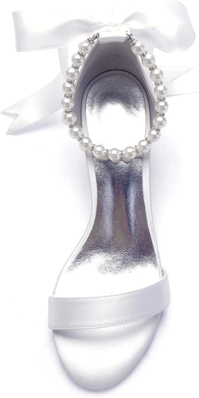 Women's Open Toe Block Low Heel Pearl Satin Chunky Pumps Ankle Strap Wedding Dress Shoes Low Heel Prom Party Sandals