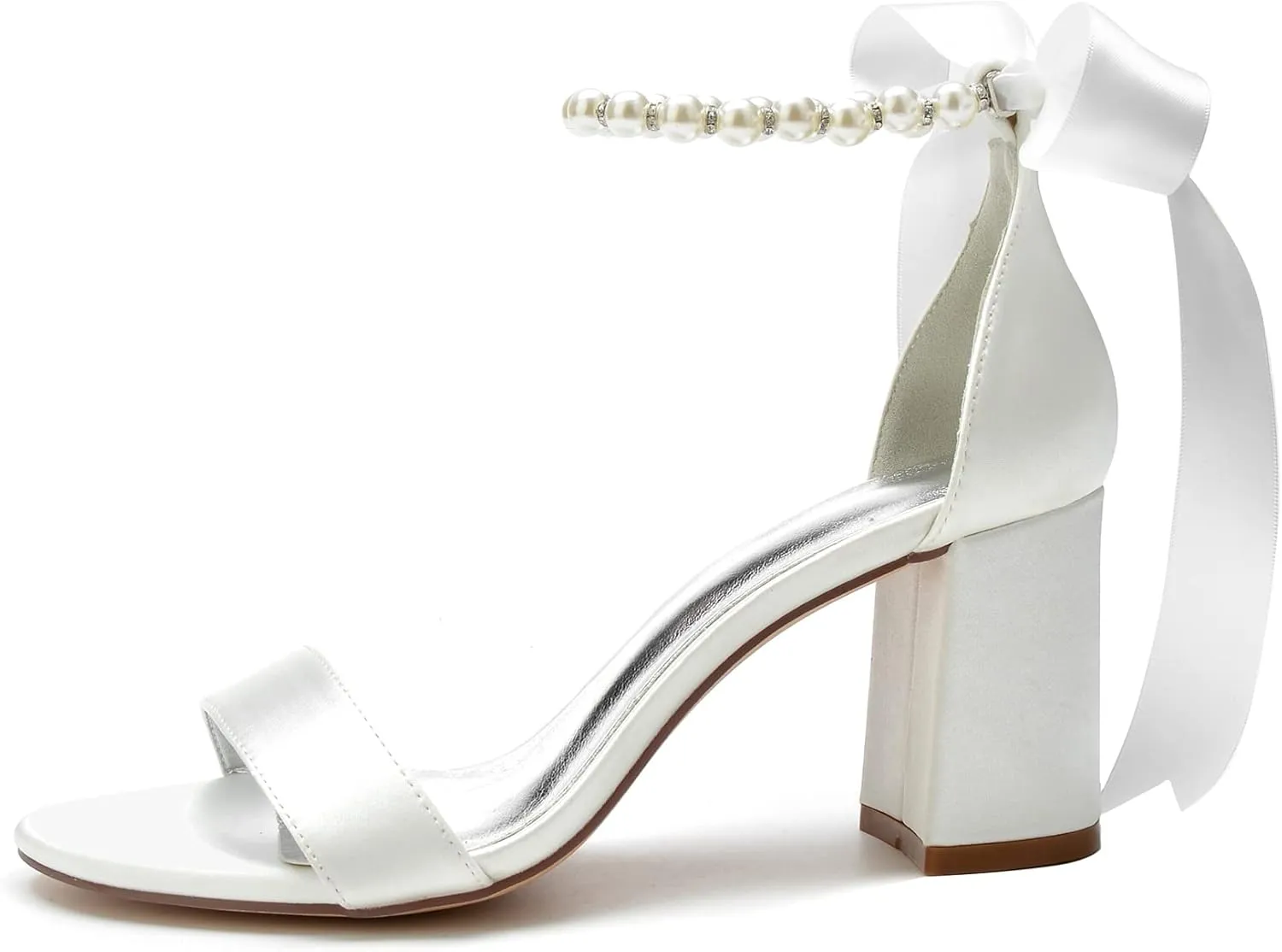 Women's Open Toe Block Low Heel Pearl Satin Chunky Pumps Ankle Strap Wedding Dress Shoes Low Heel Prom Party Sandals
