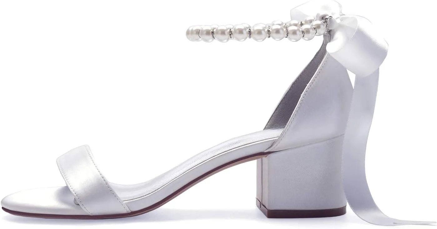 Women's Open Toe Block Low Heel Pearl Satin Chunky Pumps Ankle Strap Wedding Dress Shoes Low Heel Prom Party Sandals
