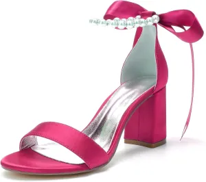Women's Open Toe High Heels Pearls Satin Round Toe Stiletto Ankle Strap Chunky Heels for Prom Evening Wedding Party Dress Pumps Shoes