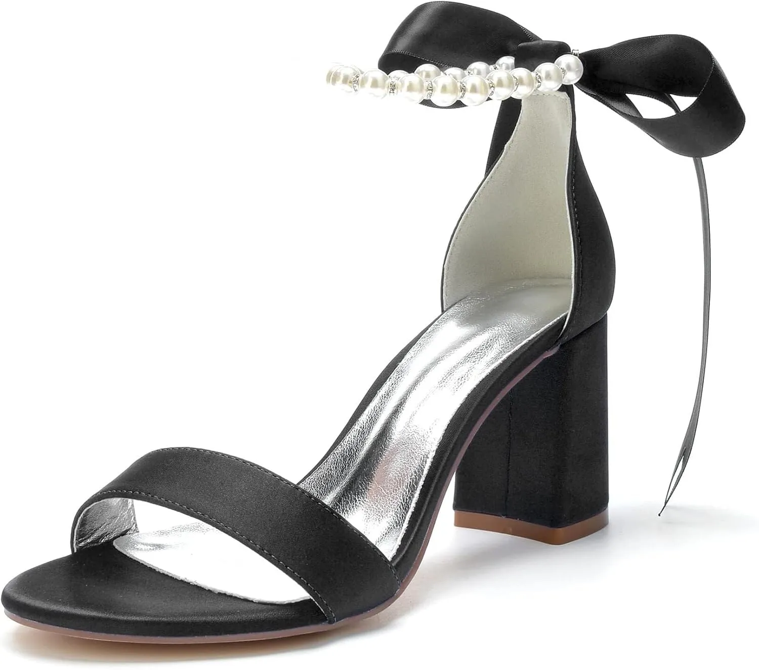 Women's Open Toe High Heels Pearls Satin Round Toe Stiletto Ankle Strap Chunky Heels for Prom Evening Wedding Party Dress Pumps Shoes