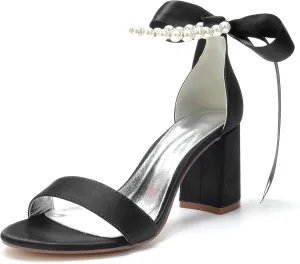 Women's Open Toe High Heels Pearls Satin Round Toe Stiletto Ankle Strap Chunky Heels for Prom Evening Wedding Party Dress Pumps Shoes