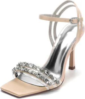 Women's Open Toe Satin Wedding Shoes Slingback Party Pumps Ankle Strap Bridal Rhinestone Shoes Stiletto Heels Sandals