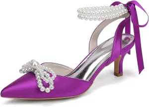 Women's Pearl Kitten Heels with Bow Satin Wedding Shoes for Bride Low Heels Bridal Shoes Pointed Toe Slingback Heels Pumps