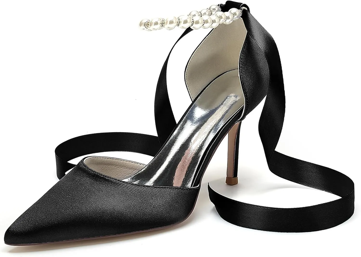 Women's Pearl Wedding Shoes for Bride High Heels Pointed Toe Bridal Shoes Satin Prom Party Dress Pumps Ribbon Tie Sandals