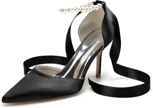 Women's Pearl Wedding Shoes for Bride High Heels Pointed Toe Bridal Shoes Satin Prom Party Dress Pumps Ribbon Tie Sandals