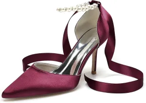 Women's Pearl Wedding Shoes for Bride High Heels Pointed Toe Bridal Shoes Satin Prom Party Dress Pumps Ribbon Tie Sandals