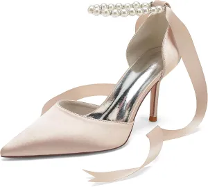 Women's Pearl Wedding Shoes for Bride High Heels Pointed Toe Bridal Shoes Satin Prom Party Dress Pumps Ribbon Tie Sandals