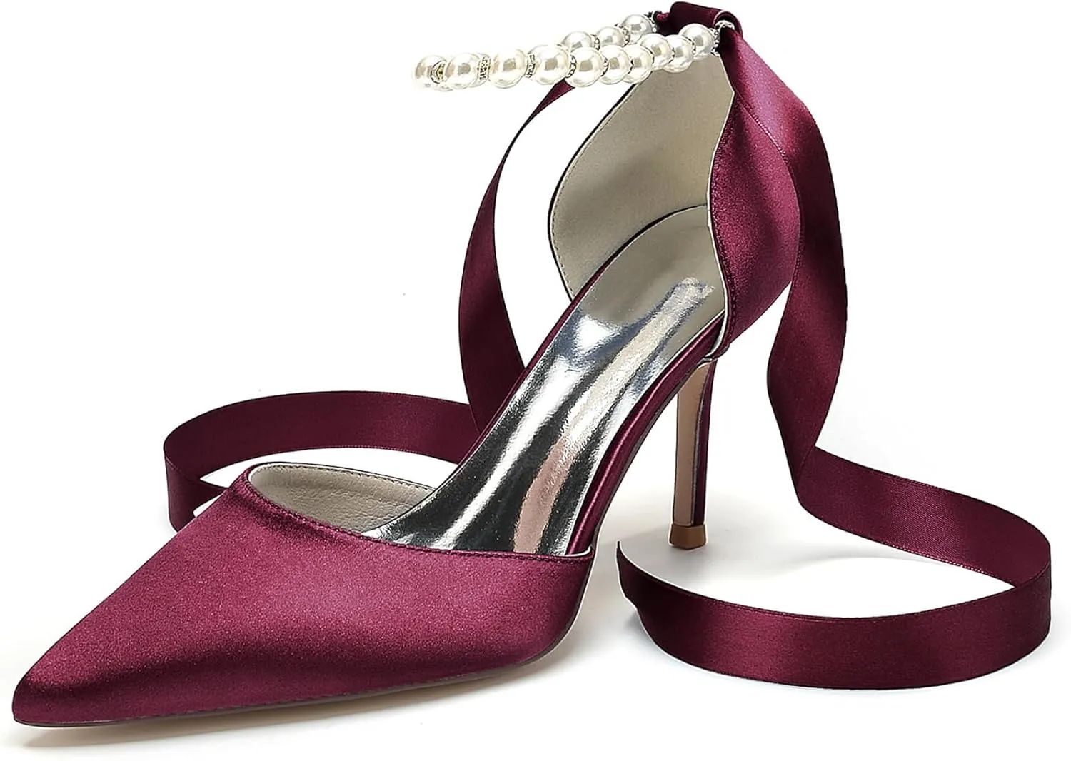 Women's Pearl Wedding Shoes for Bride High Heels Pointed Toe Bridal Shoes Satin Prom Party Dress Pumps Ribbon Tie Sandals