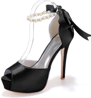 Women's Pearl White Wedding Shoes for Bride High Heels Platform Open Toe Bridal Satin Shoes Prom Party Dress Pumps Sandals