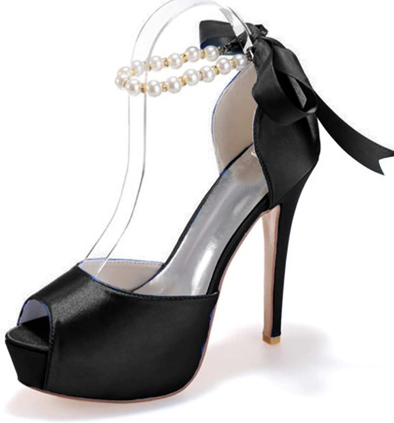 Women's Pearl White Wedding Shoes for Bride High Heels Platform Open Toe Bridal Satin Shoes Prom Party Dress Pumps Sandals