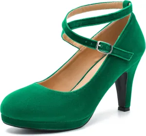 Womens Platform High Heels Sexy Cross Ankle Strap Pumps Wedding Work Party Dress Shoes Green Velvet 8.5