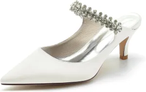 Women's Pointed Satin Rhinestone Prom Party Dress Pumps Closed Bridal Dress Heeled Sandals Wedding Shoes Slingback