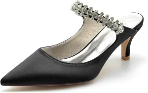 Women's Pointed Satin Rhinestone Prom Party Dress Pumps Closed Bridal Dress Heeled Sandals Wedding Shoes Slingback
