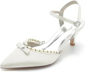 Womens Pointed Toe Ankle Buckle Strap Court Shoes Dress Pumps Mid Pearls Heel Satin Wedding Shoes for Bridal