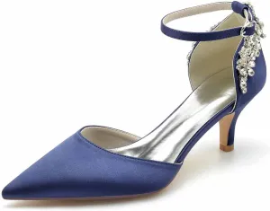Womens Pointed Toe Ankle Strap Court Shoes Dress Pumps for Bridal with Rhinestone Mid Heel Satin Wedding Shoes