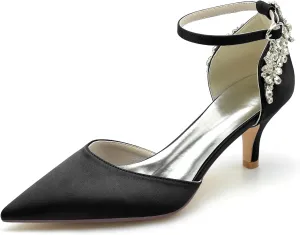 Womens Pointed Toe Ankle Strap Court Shoes Dress Pumps for Bridal with Rhinestone Mid Heel Satin Wedding Shoes