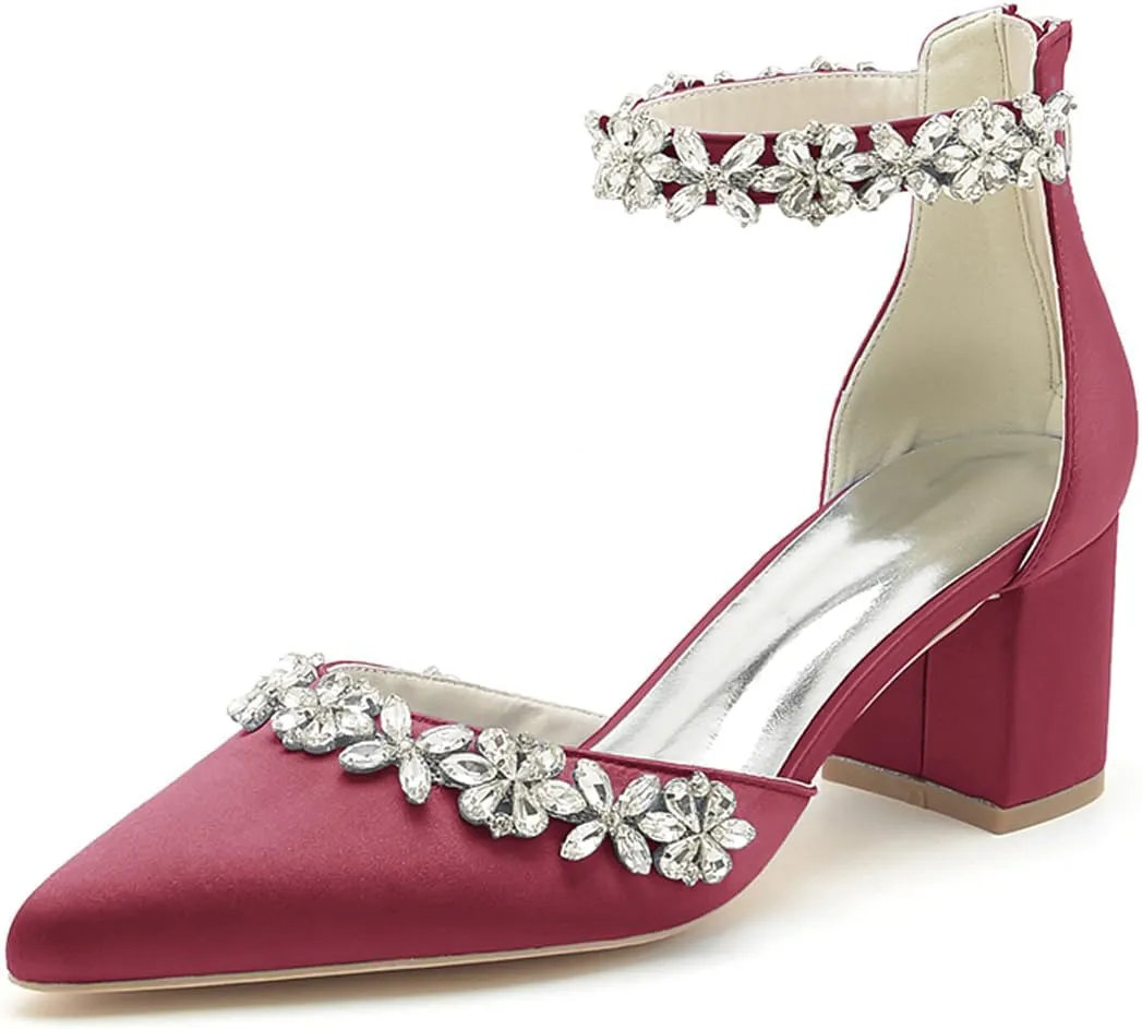 Women's Pointed Toe Block Heels Crystal Chunky Wedding Pumps Dress Shoes Low Heel Comfortable Pump Sandals