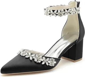 Women's Pointed Toe Block Heels Crystal Chunky Wedding Pumps Dress Shoes Low Heel Comfortable Pump Sandals