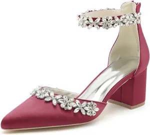Women's Pointed Toe Block Heels Crystal Chunky Wedding Pumps Dress Shoes Low Heel Comfortable Pump Sandals