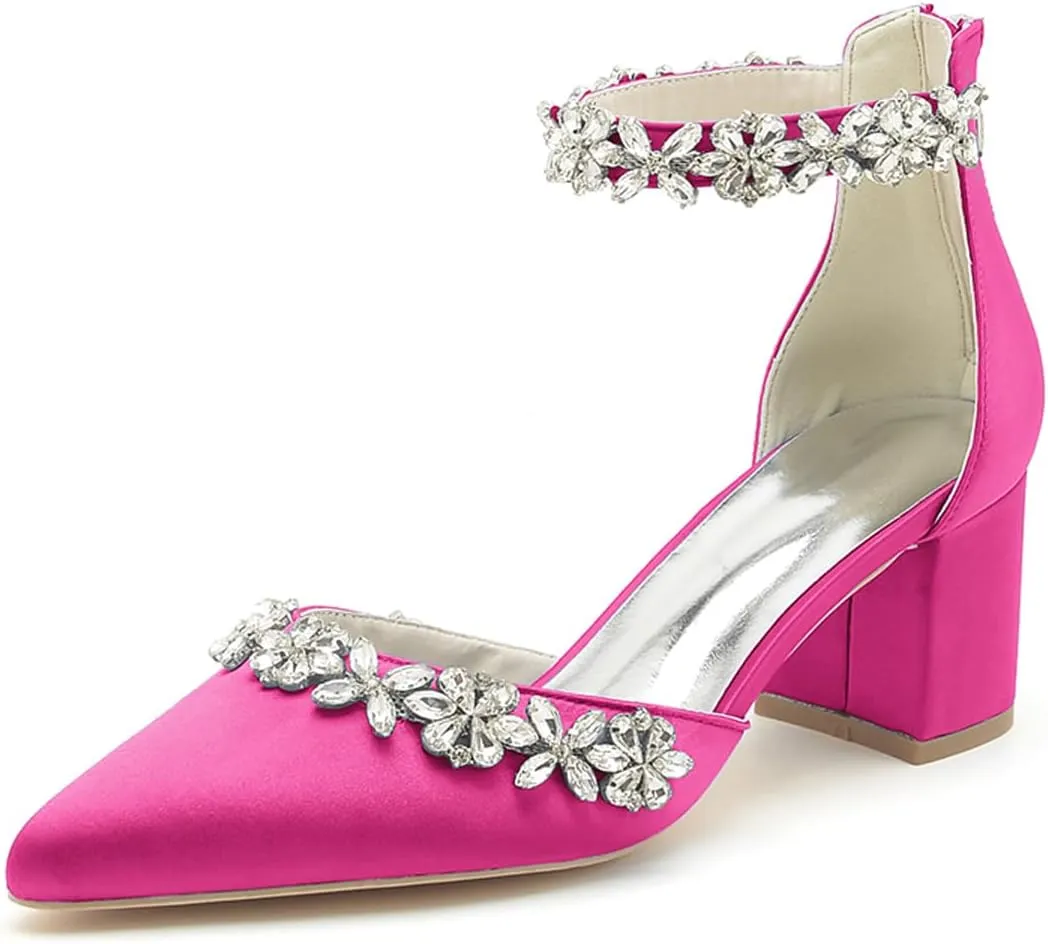 Women's Pointed Toe Block Heels Crystal Chunky Wedding Pumps Dress Shoes Low Heel Comfortable Pump Sandals