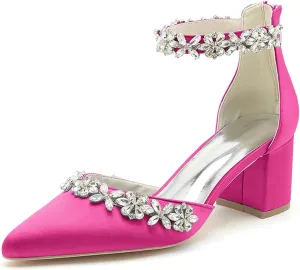 Women's Pointed Toe Block Heels Crystal Chunky Wedding Pumps Dress Shoes Low Heel Comfortable Pump Sandals