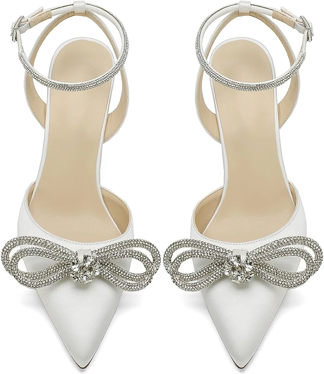 Women's Pointed Toe High Stilettos Satin Ankle Strap Crystal Pumps Wedding Bridal Party Dress Heeled Sandals
