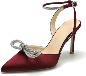 Women's Pointed Toe High Stilettos Satin Ankle Strap Crystal Pumps Wedding Bridal Party Dress Heeled Sandals
