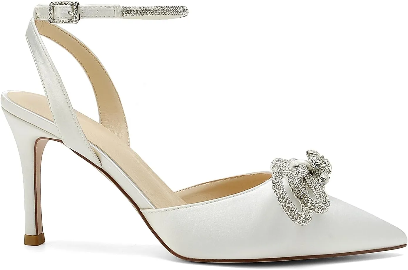 Women's Pointed Toe High Stilettos Satin Ankle Strap Crystal Pumps Wedding Bridal Party Dress Heeled Sandals